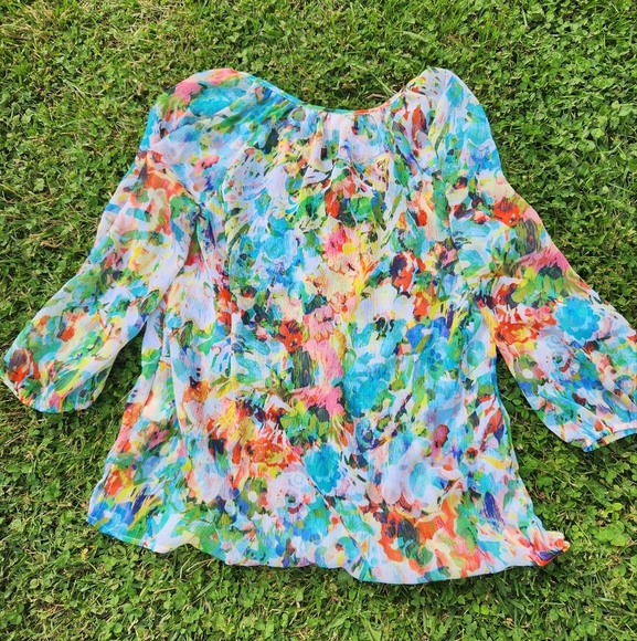 LIZ CLAIBORNE Floral Multicolor PetiteM Top Peasant Style Micro Accordian PLEAT - Picture 1 of 11